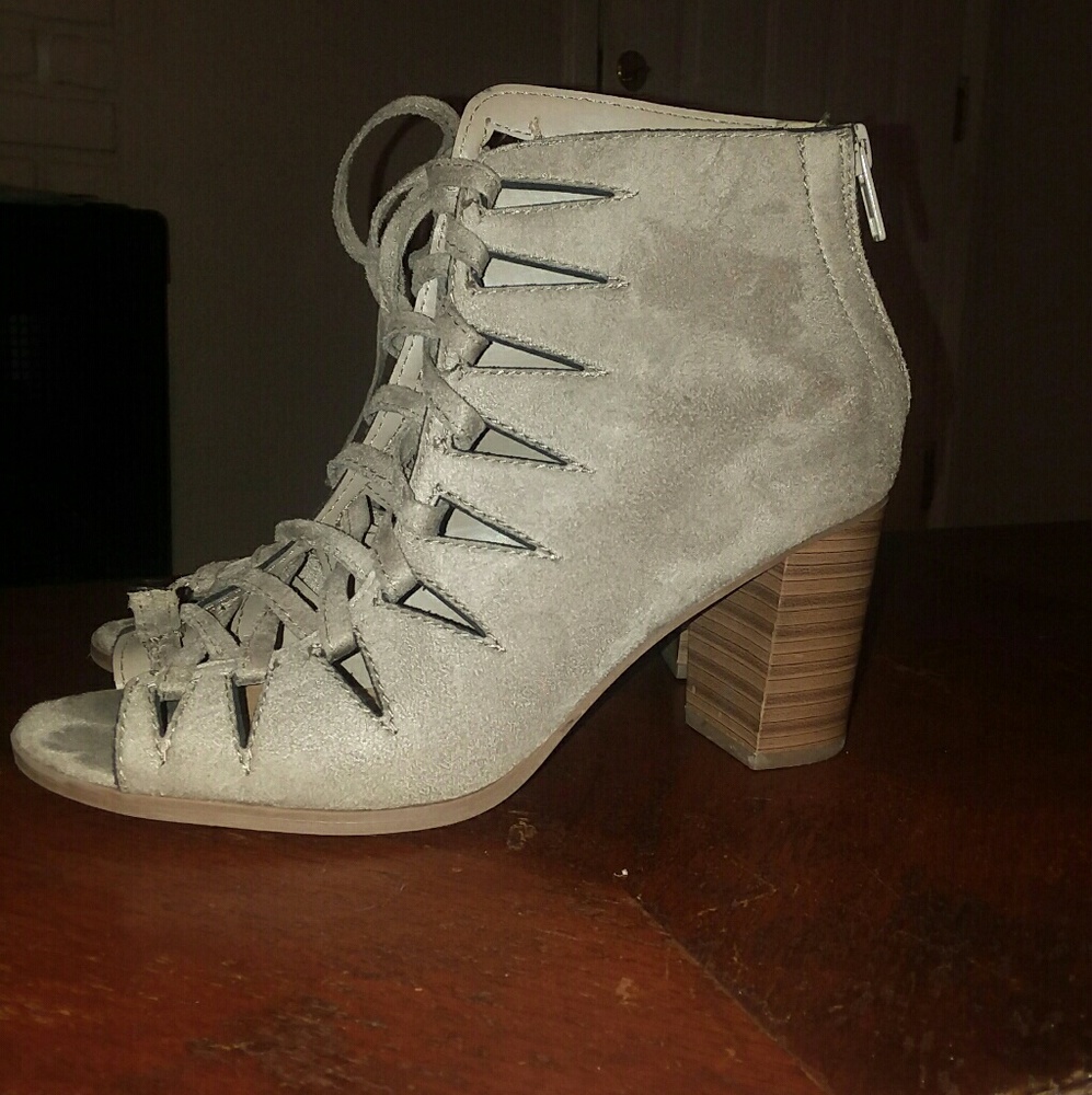 Soda grey suede tie up booties. Size 8. Comfy
